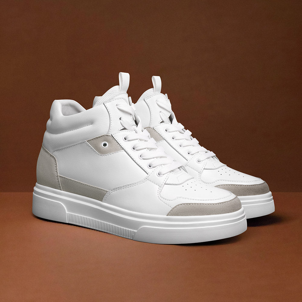 8CM / 3.15 Inches CMR CHAMARIPA Men's Shoes With Higher Heels | White Leather High-Top Sneakers