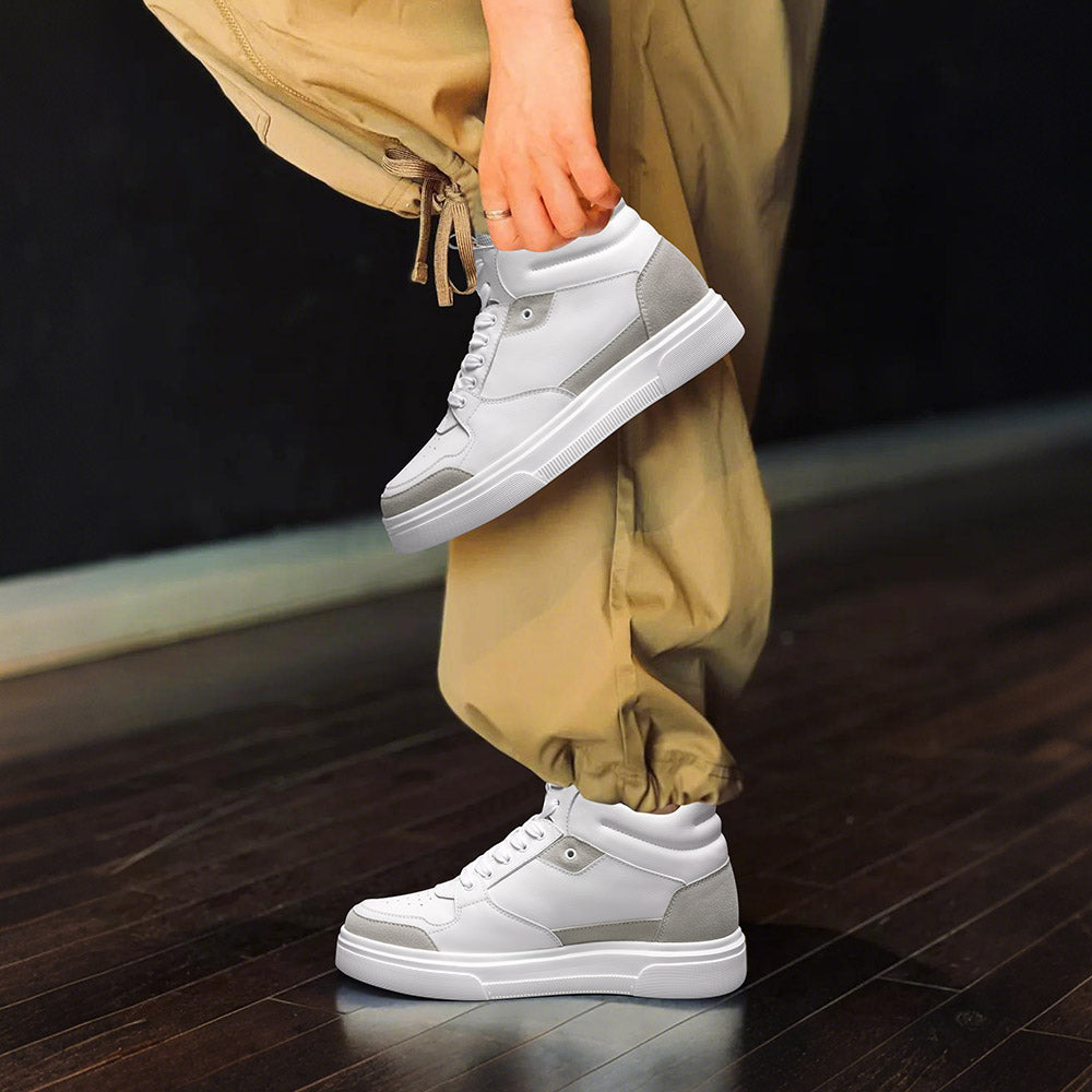 8CM / 3.15 Inches CMR CHAMARIPA Men's Shoes With Higher Heels | White Leather High-Top Sneakers