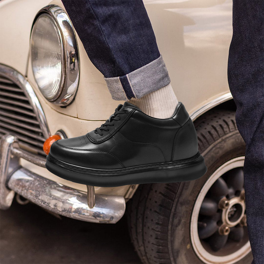9CM / 3.54 Inches CMR CHAMARIPA Casual Elevator Shoes For Men - Black Soft Leather Height Boosting Shoes