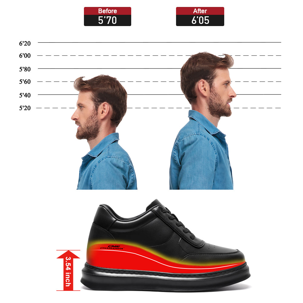 9CM / 3.54 Inches CMR CHAMARIPA Casual Elevator Shoes For Men - Black Soft Leather Height Boosting Shoes