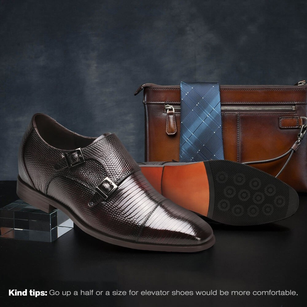 7CM/2.76Inches - CMR CHAMARIPA Height Increasing Dress Shoes For Men Grey Lizard Leather Shoes