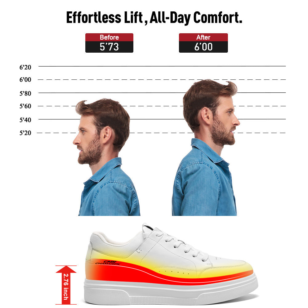 7CM / 2.76 inches CMR Chamaripa Men's Height-Boosting Sneakers - White Leather Everyday Casual Shoes