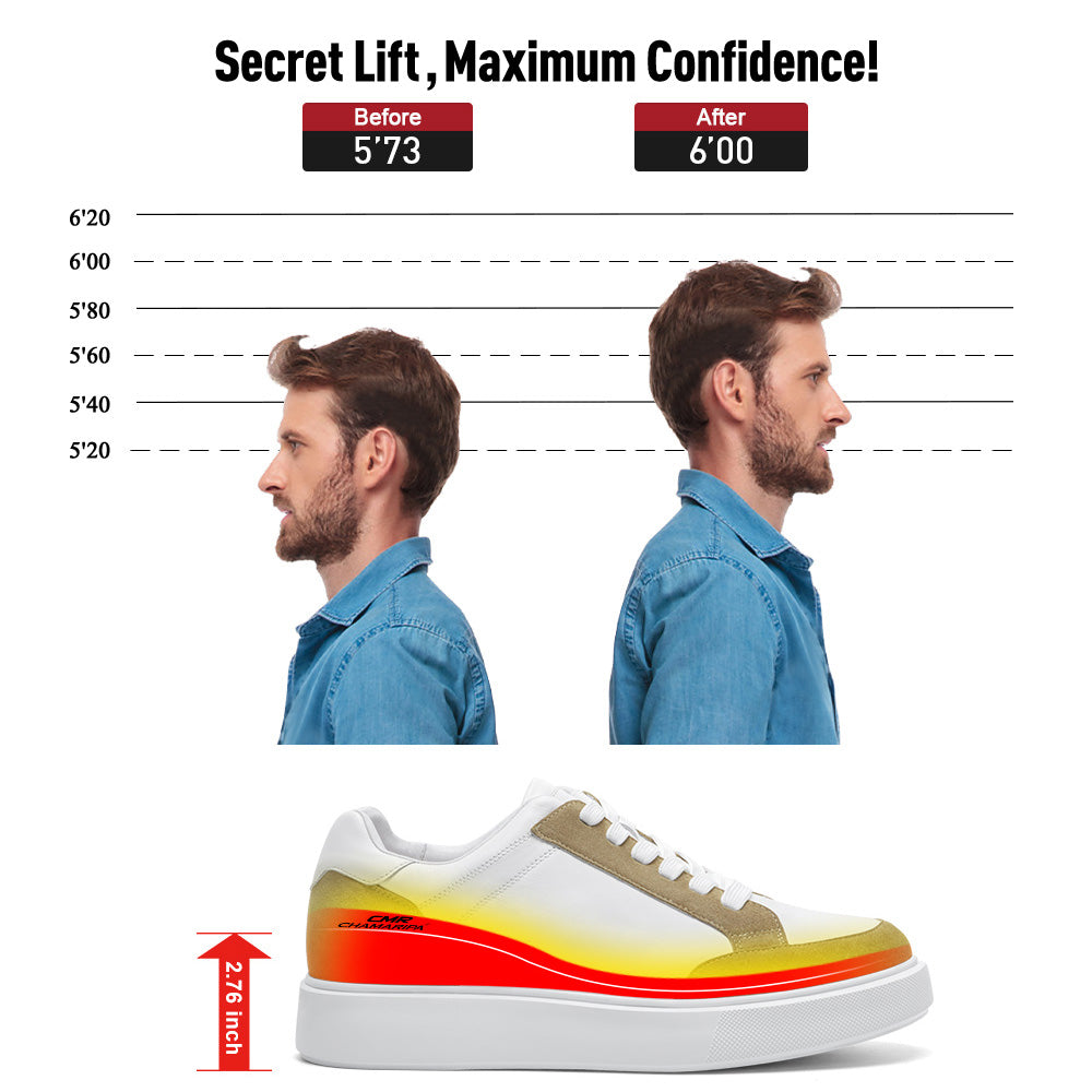 7CM / 2.76 Inches CMR CHAMARIPA Men's Invisible Elevator Shoes - White Soft Leather Everyday Casual Shoes