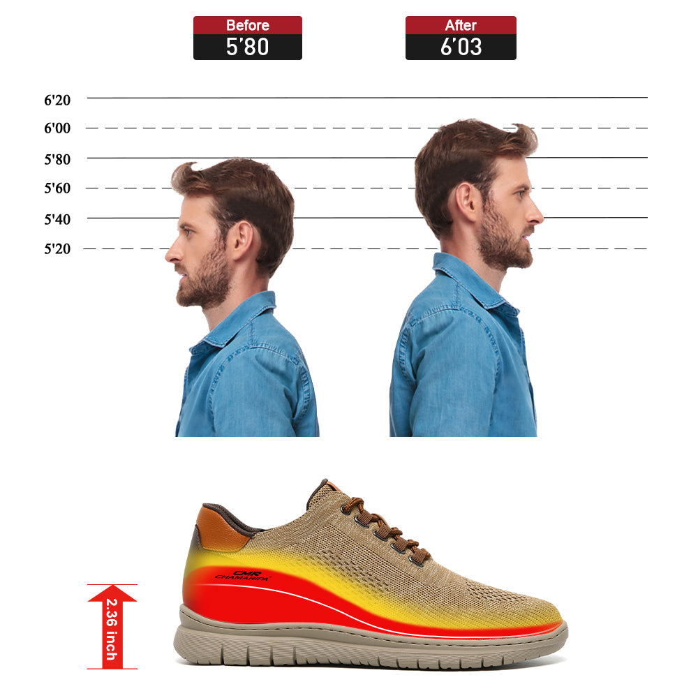 6CM / 2.36 Inches CMR CHAMARIPA Best Elevator Shoes For Men - Khaki Knit Casual Shoes