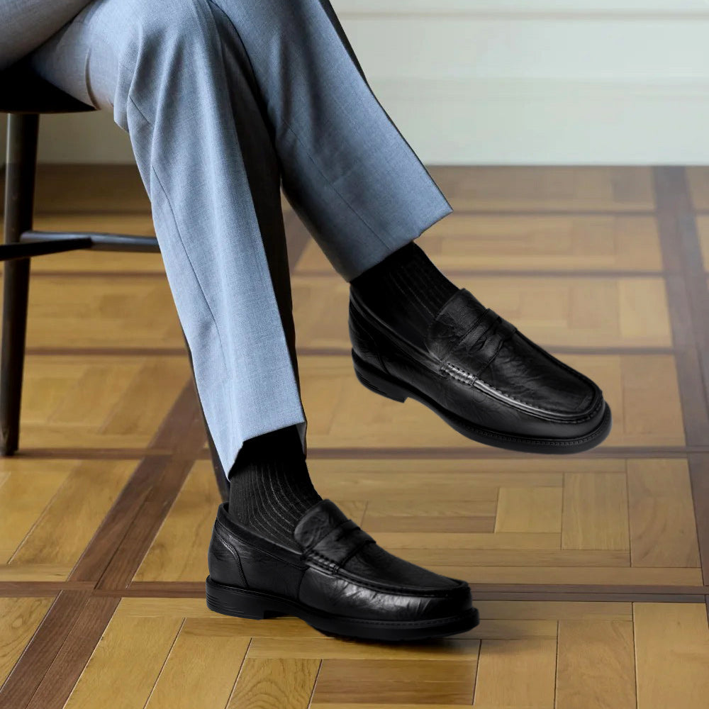 6CM / 2.36 Inches CMR CHAMARIPA Men's Invisible Height Increasing Loafers - Black Leather Business Casual Shoes