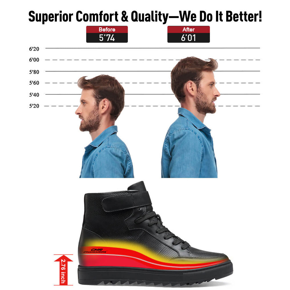 7 CM / 2.76 Inches CMR CHAMARIPA Height Increasing Sneakers - Men's Leather High Top Sneakers - Black