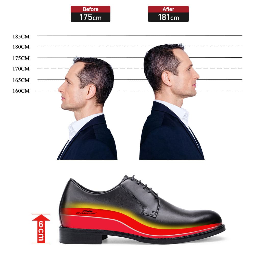 6CM / 2.36 Inches Taller - CMR CHAMARIPA Men's Shoes That Make You Taller - Height Increasing Shoes - Black Cow Leather Derby Shoes