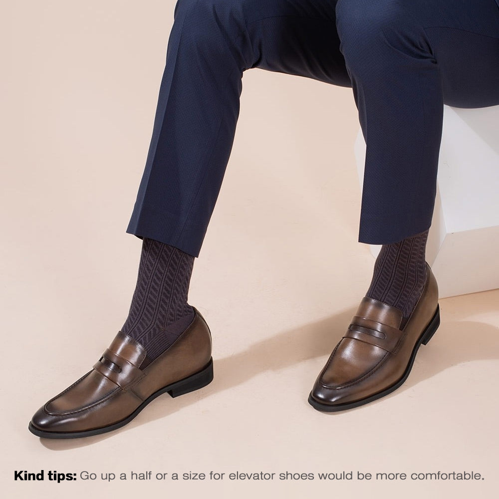 7 CM / 2.76 Inches CMR CHAMARIPA Height Increasing Shoes Formal Tall Men Shoes Khaki Slip On Penny Loafers