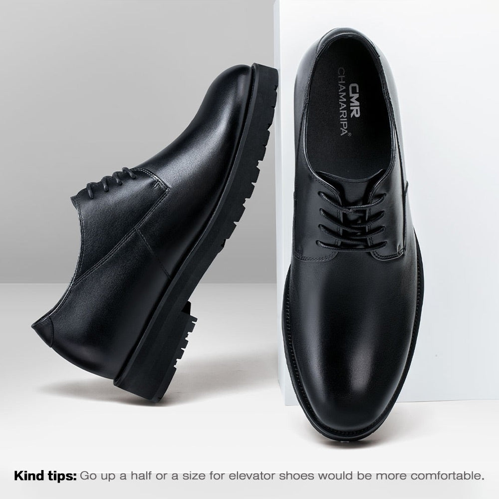 8 CM / 3.15 inches CMR CHAMARIPA Black Leather Raised Shoes for Men - High Increase Derby Dress Shoes