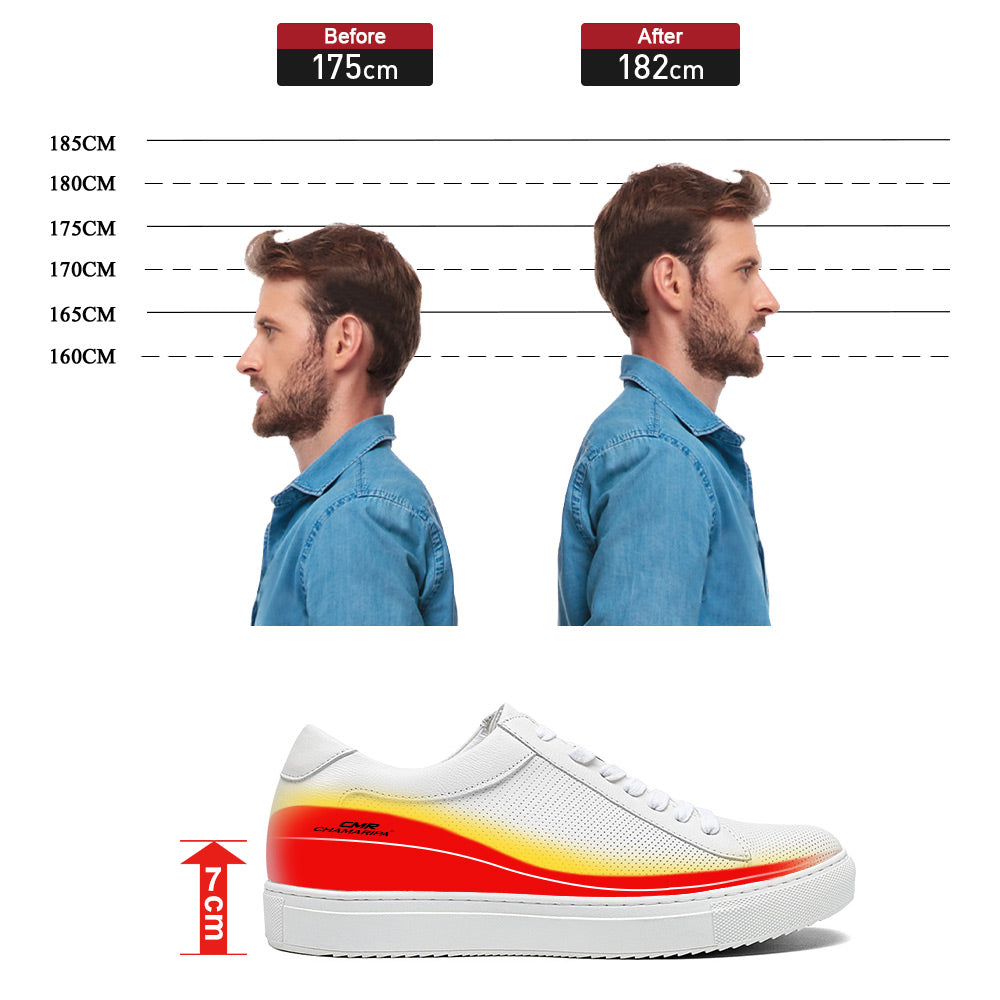 7 CM / 2.76 Inches  - CMR CHAMARIPA White Sneakers That Make You Taller - Height Increasing Sneakers - Breathable Leather Casual Men's Sneakers