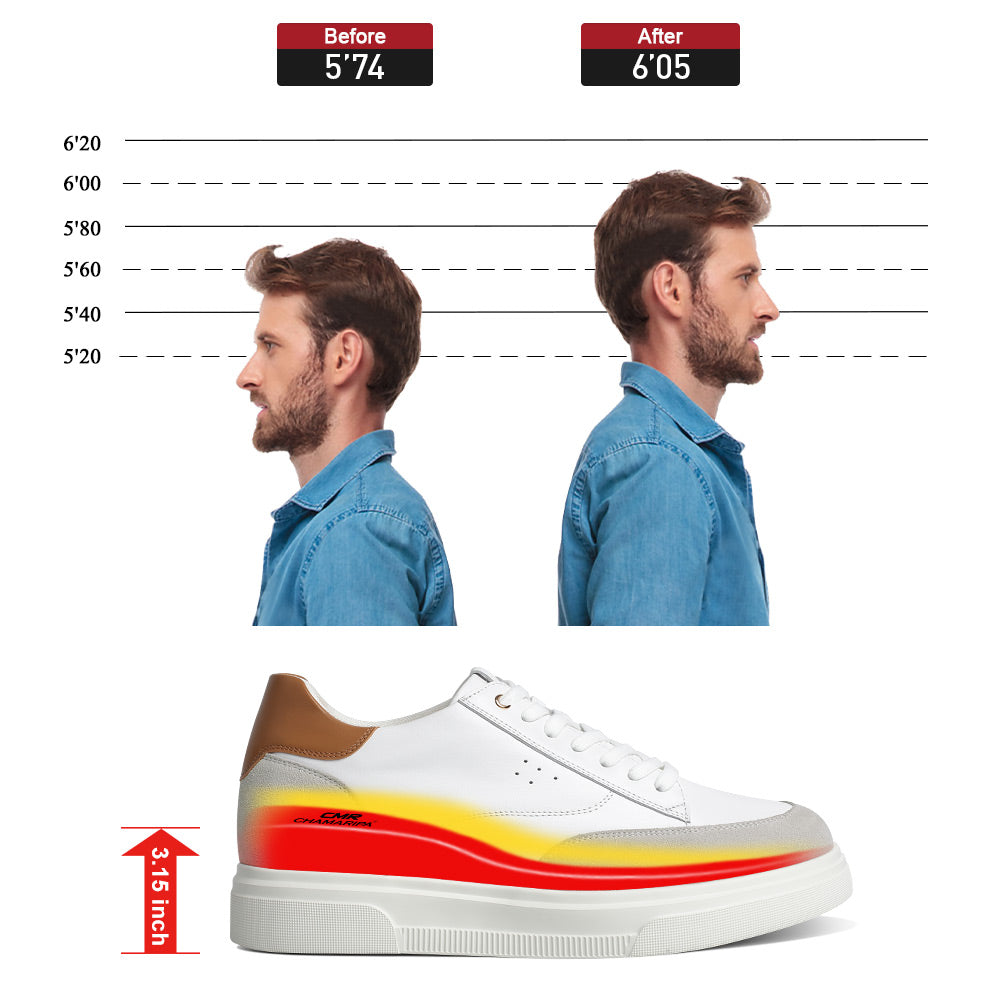 8CM / 3.15 Inches CMR CHAMARIPA Men’s White Leather Casual Elevator Shoes