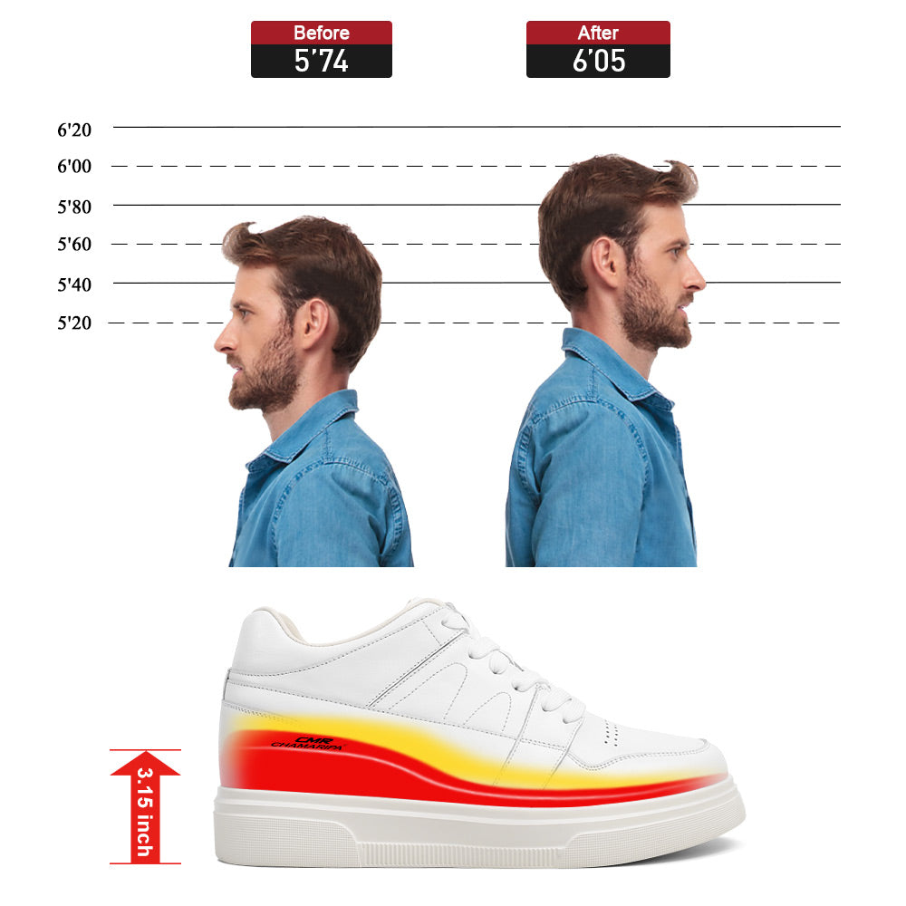 8 CM/3.15 Inches CMR CHAMARIPA Stylish White Leather Elevator Sneakers for Men