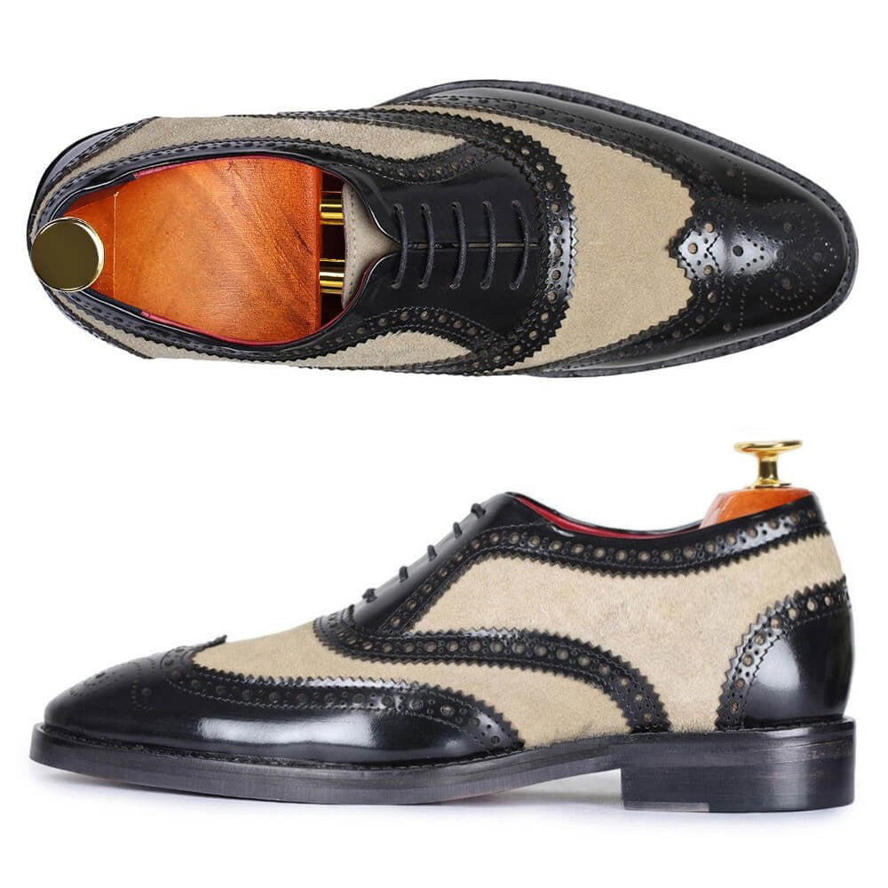 7 CM / 2.76 Inches - CMR CHAMARIPA Height Increasing Dress Shoes - Shoes With Raised Heel - Black And Suede Wingtip Brogue Handcrafted Oxfords