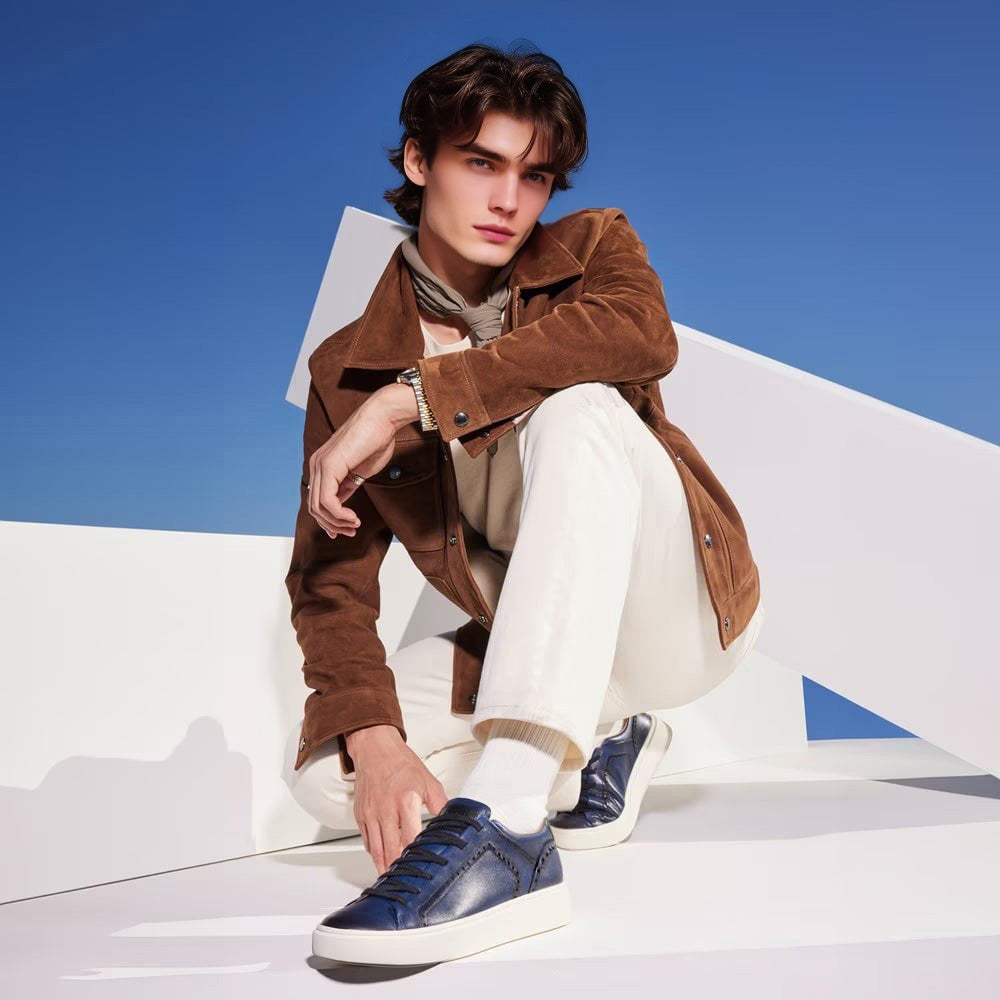 7 CM/2.76 Inches CMR CHAMARIPA Men's Dark Blue/ Light Brown/Grey/Black Brogue Leather Sneakers – Handcrafted Elevator Shoe