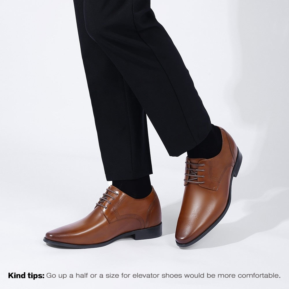 8 CM/3.15 Inches CMR CHAMARIPA Brown Cowhide Leather Men's Elevator Dress Shoes - Classic Oxford Style