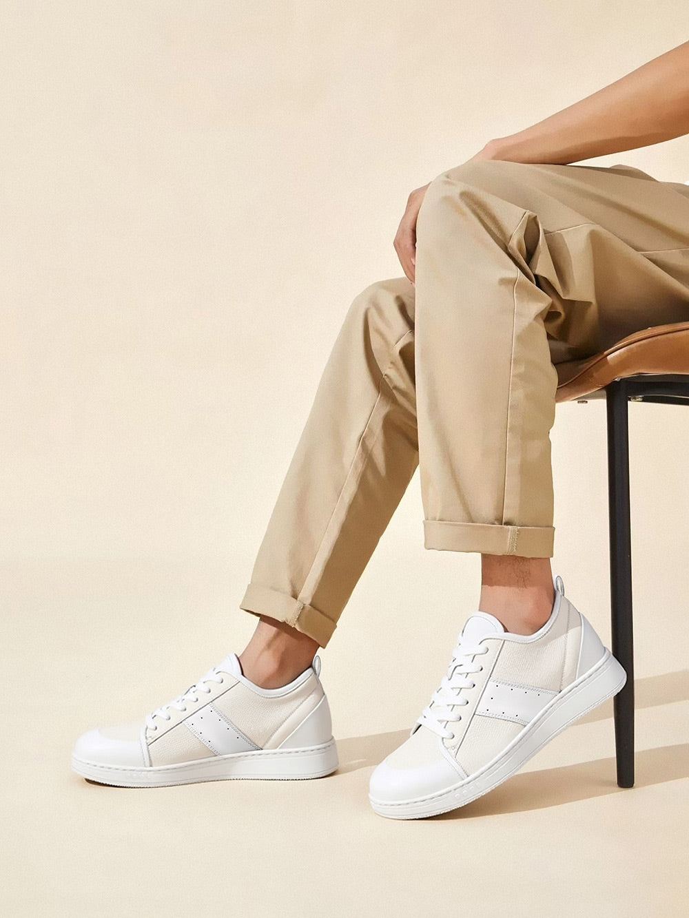 8 CM / 3.15 Inches CMR Chamaripa Men's Invisible Height Increasing Shoes - White Leather Everyday Casual Shoes