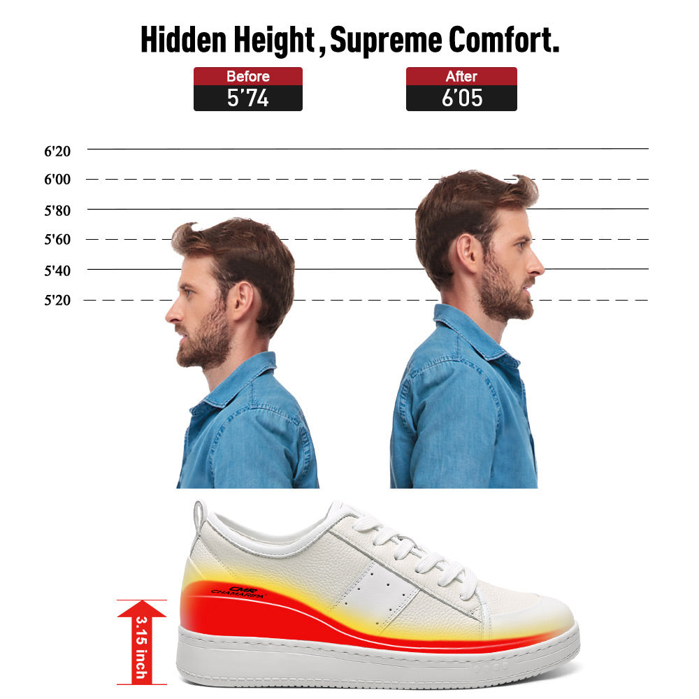 8 CM / 3.15 Inches CMR Chamaripa Men's Invisible Height Increasing Shoes - White Leather Everyday Casual Shoes