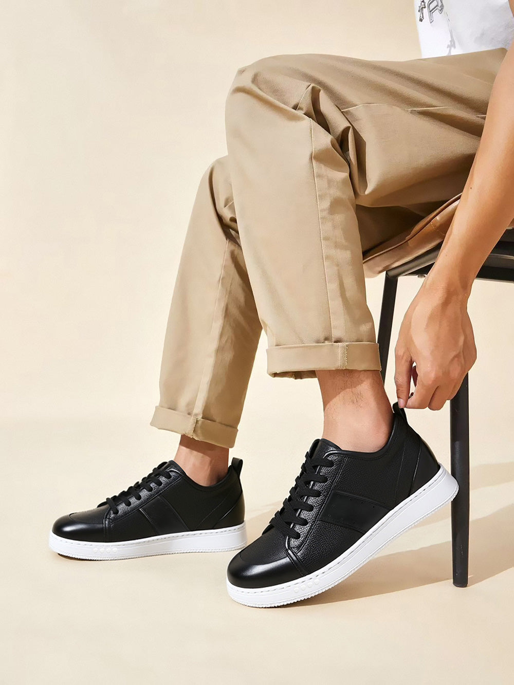 8CM/ 3.15 Inches CMR CHAMARIPA Casual Height Increasing Sneakers – Black Leather Men's Elevator Shoes