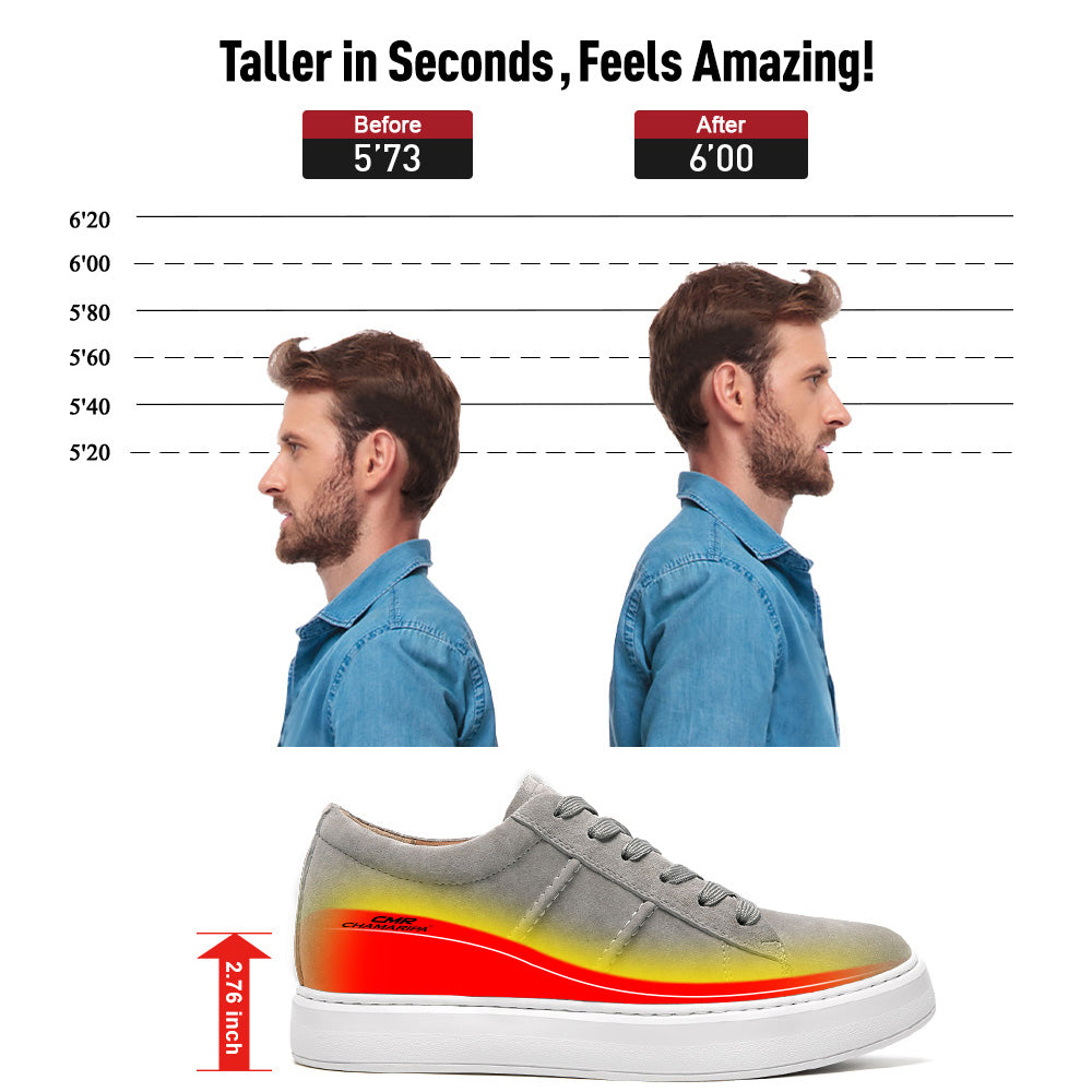 7CM / 2.76 Inches CMR CHAMARIPA Men's Hidden Height Increasing Shoes - Gray Suede Everyday Casual Shoes