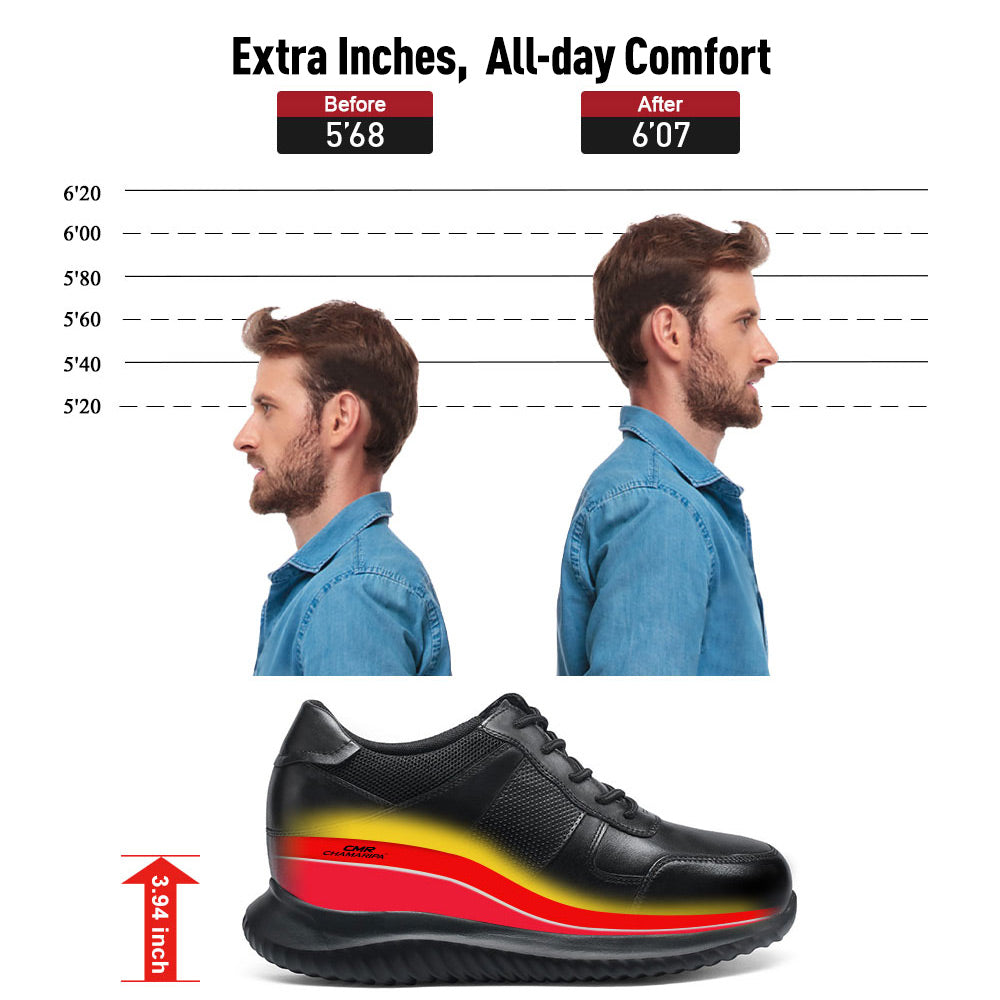 10 CM/3.94 Inches CMR CHAMARIPA Men's Black Elevator Sneakers - Genuine Leather Shoes for 10cm Height Increase