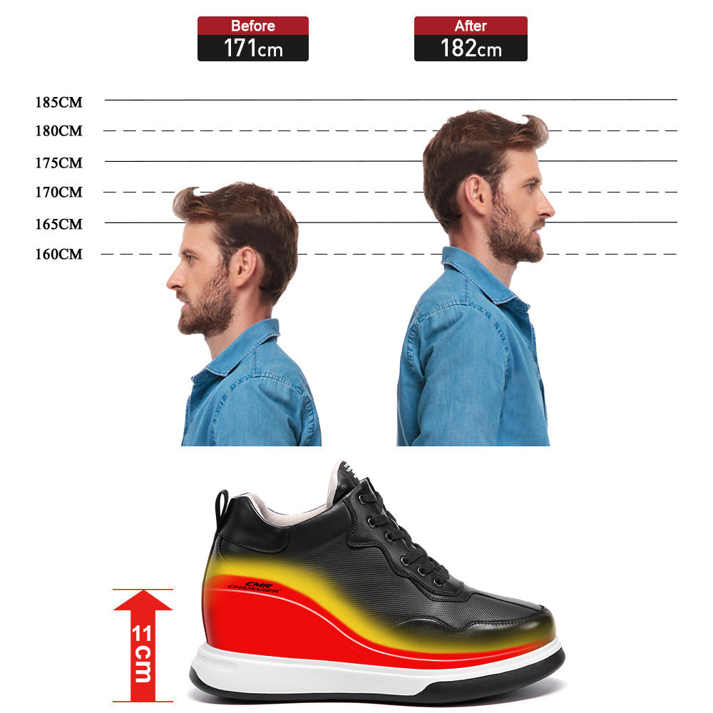 11CM / 4.33 Inches CMR CHAMARIPA Elevator Shoes - Elevate Your Style with Casual Height Increasing Elevator Shoes - Black Leather Tall Men's Shoes