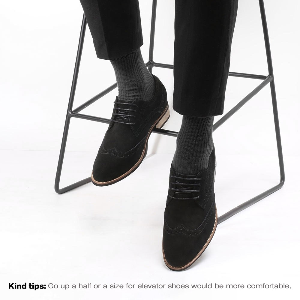 7CM /2.76 Inches CMR CHAMARIPA Elevator Shoes High Heel Men Dress Shoes Height Increasing Black Suede Wingtip Brogues