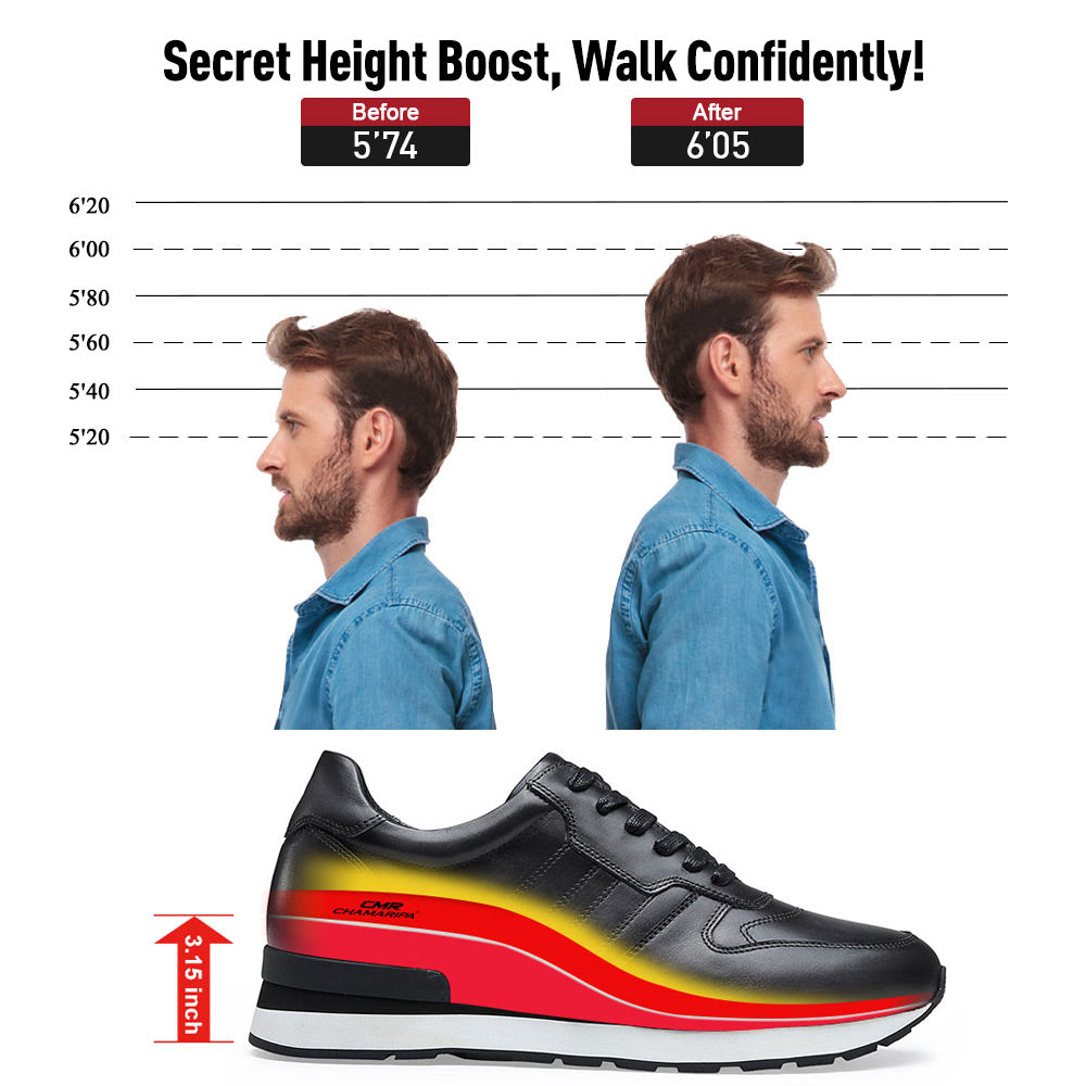 8CM /3.15 Inches - CMR CHAMARIPA Elevator Shoes Height Increasing Shoes For Men Black Leather Casual Sneaker Shoes
