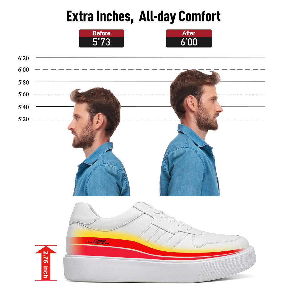 7 CM / 2.76 Inches CMR CHAMARIPA Hidden Heel Shoes Mens - Height Increasing Shoes - White Cowhide Leather Mens Shoes