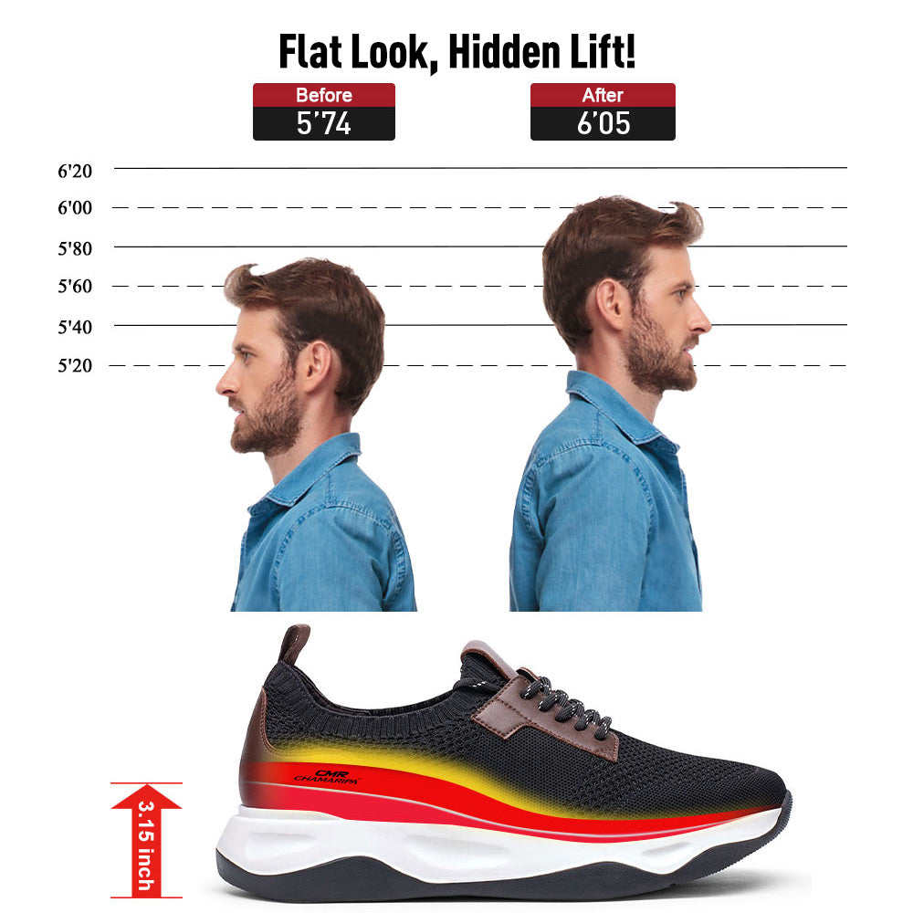 8CM / 3.15Inches - CMR CHAMARIPA Height Increasing Sneakers - Black Knit Fabric Elevator Sneakers For Men - Outdoor Casual Tall Men Shoes
