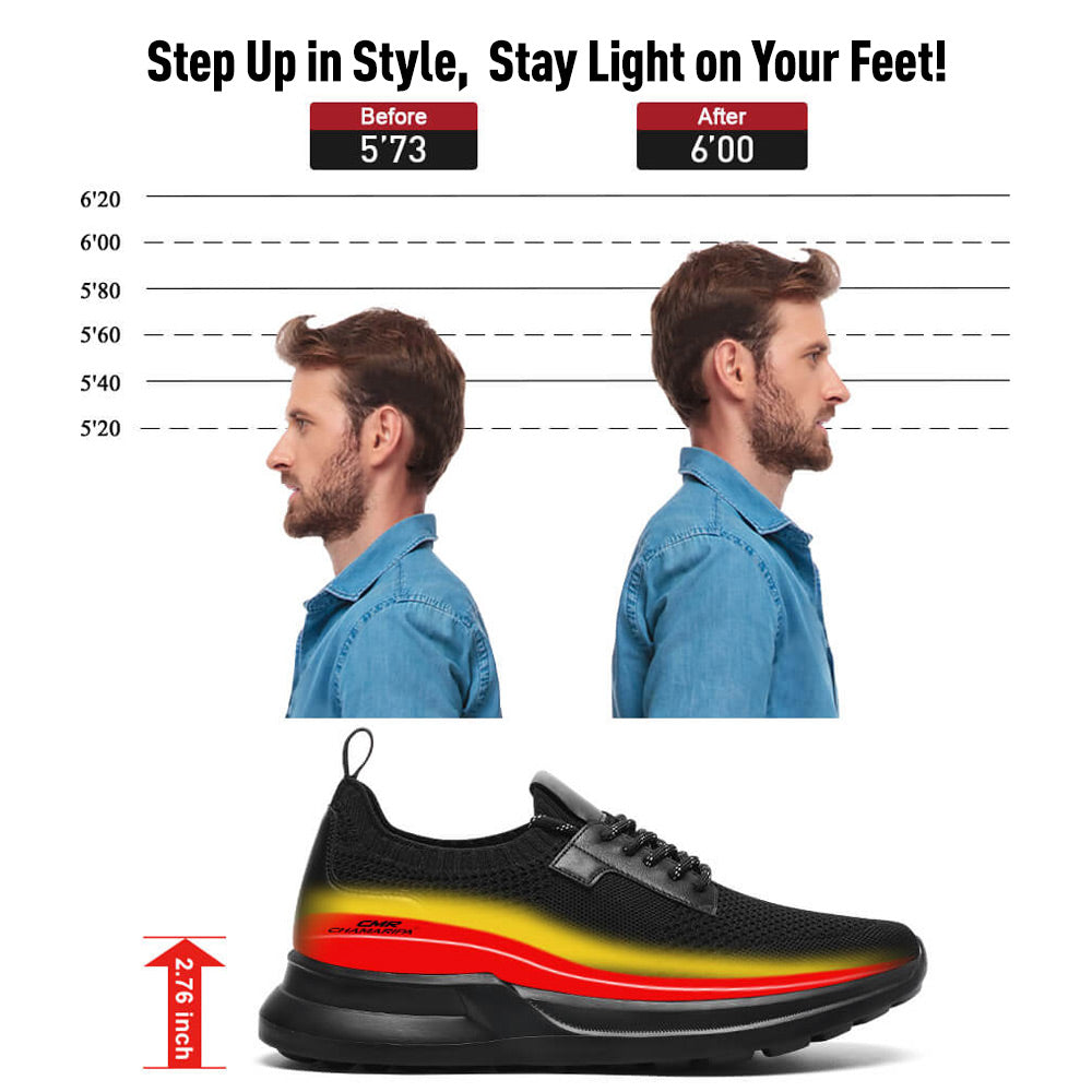 7 CM/2.76 Inches CMR CHAMARIPA Men's Elevator Sneakers - Black Knit Fabric Height Increasing Sports Shoes