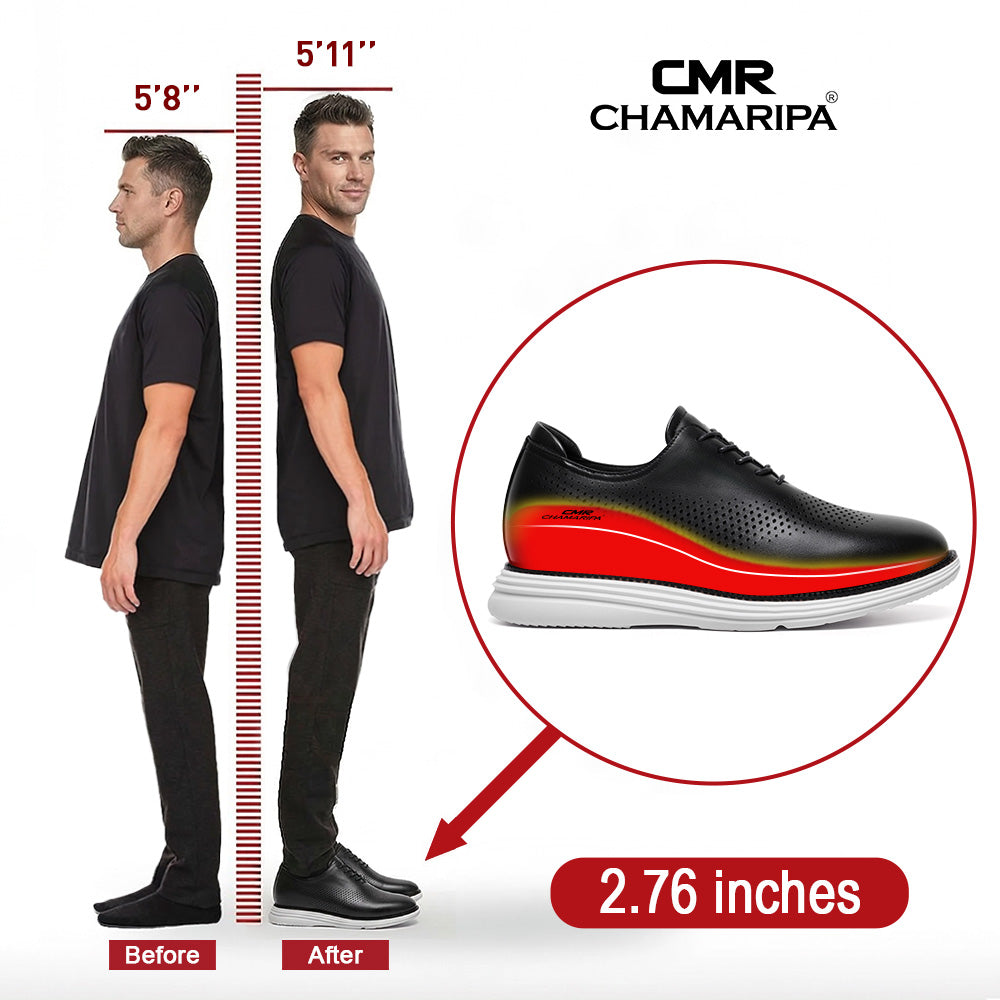 7CM / 2.76 Inches CMR CHAMARIPA Men's Elevator Height Increasing Shoes | Black Leather Business Casual Oxford