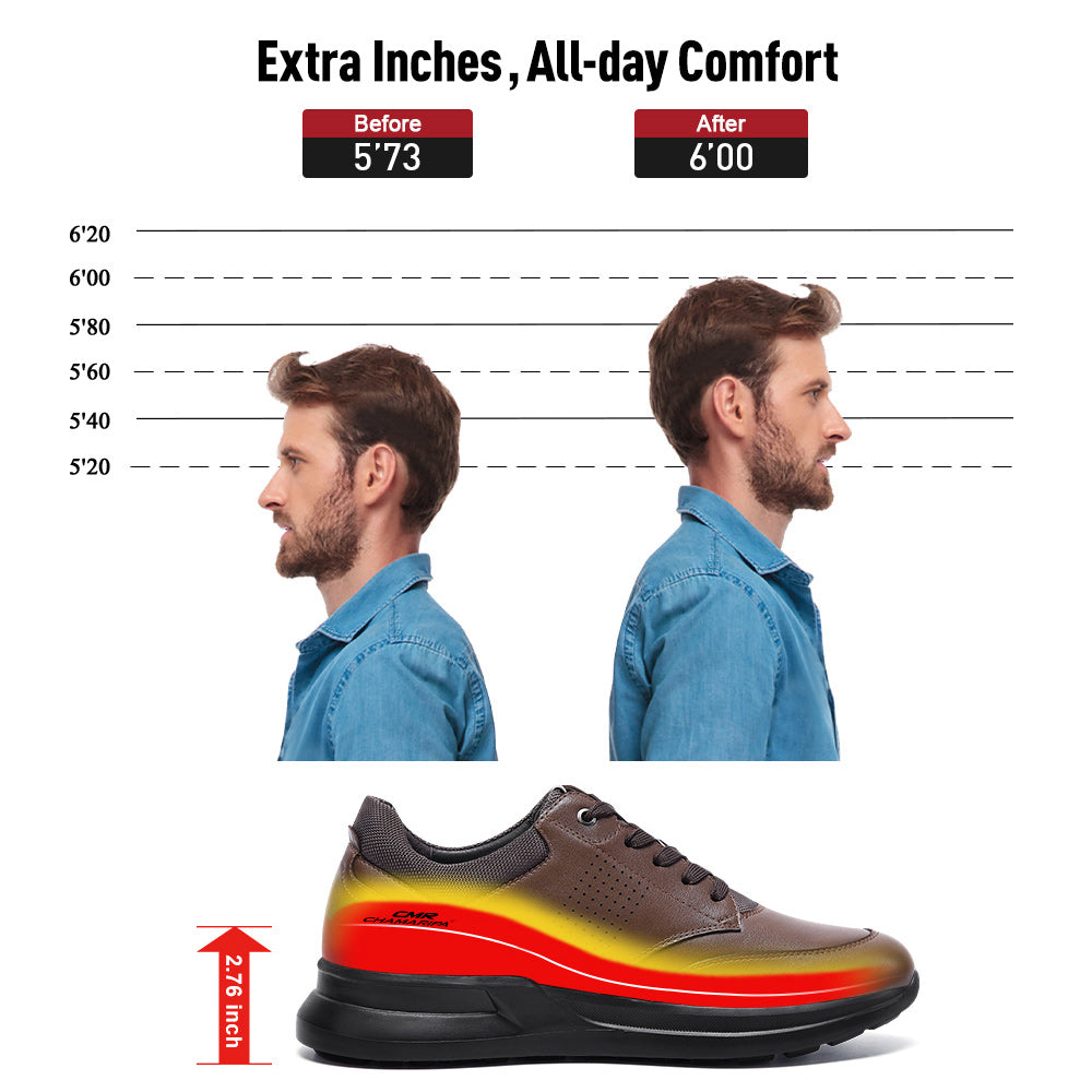 7CM / 2.76 Inches CMR CHAMARIPA Men's Height Increasing Shoes - Red Brown Leather Casual Shoes