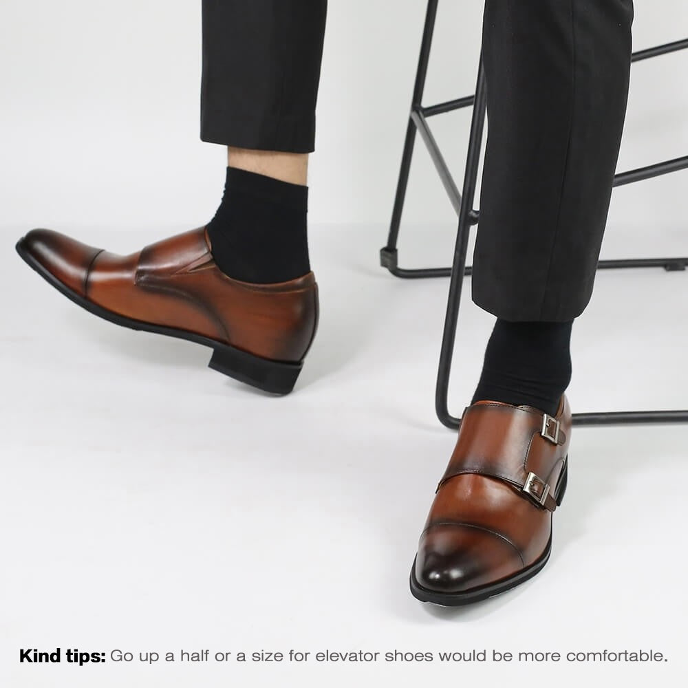 7CM / 2.76 Inches CMR CHAMARIPA Men's Height Increasing Monk Elevator Dress Shoes For Men Brown Calfskin Leather