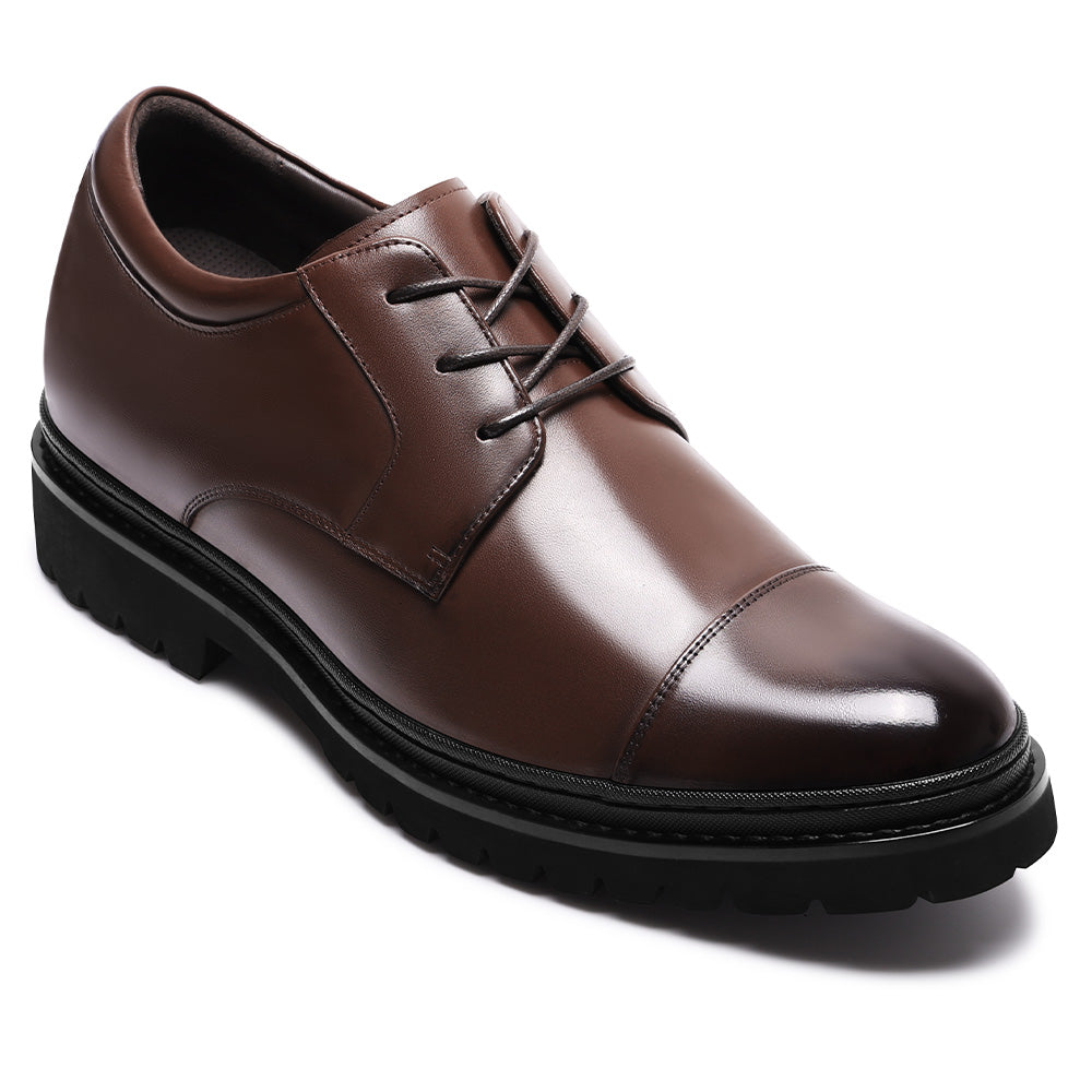 9CM / 3.54 Inches CMR CHAMARIPA Men’s Elevator Dress Shoes | Light Brown Leather Cap-Toe Derby Shoes