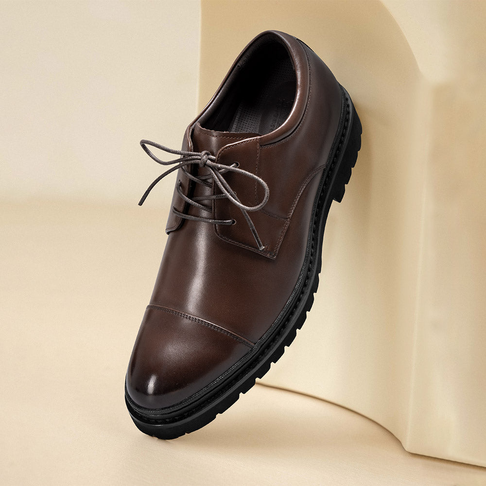 9CM / 3.54 Inches CMR CHAMARIPA Men’s Elevator Dress Shoes | Light Brown Leather Cap-Toe Derby Shoes