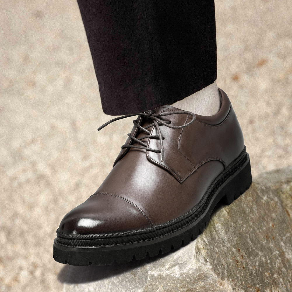 9CM / 3.54 Inches CMR CHAMARIPA Men’s Elevator Dress Shoes | Light Brown Leather Cap-Toe Derby Shoes