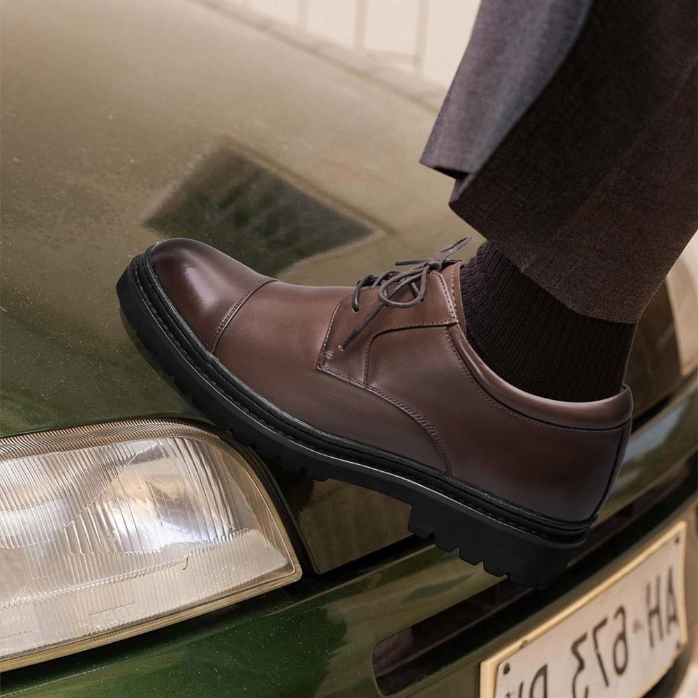 9CM / 3.54 Inches CMR CHAMARIPA Men’s Elevator Dress Shoes | Light Brown Leather Cap-Toe Derby Shoes
