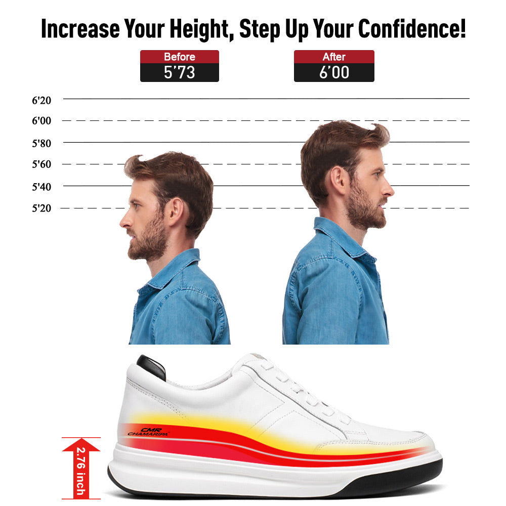 7CM/2.76 Inches CMR CHAMARIPA  Men's White Leather Elevator Sneakers