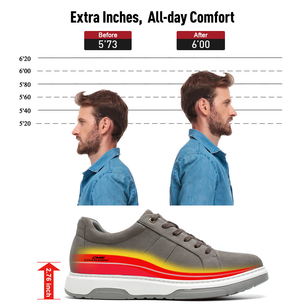 7 CM / 2.76 Inches CMR CHAMARIPA Height Increasing Shoes Gray Nubuck Leather Men's Casual Shoes