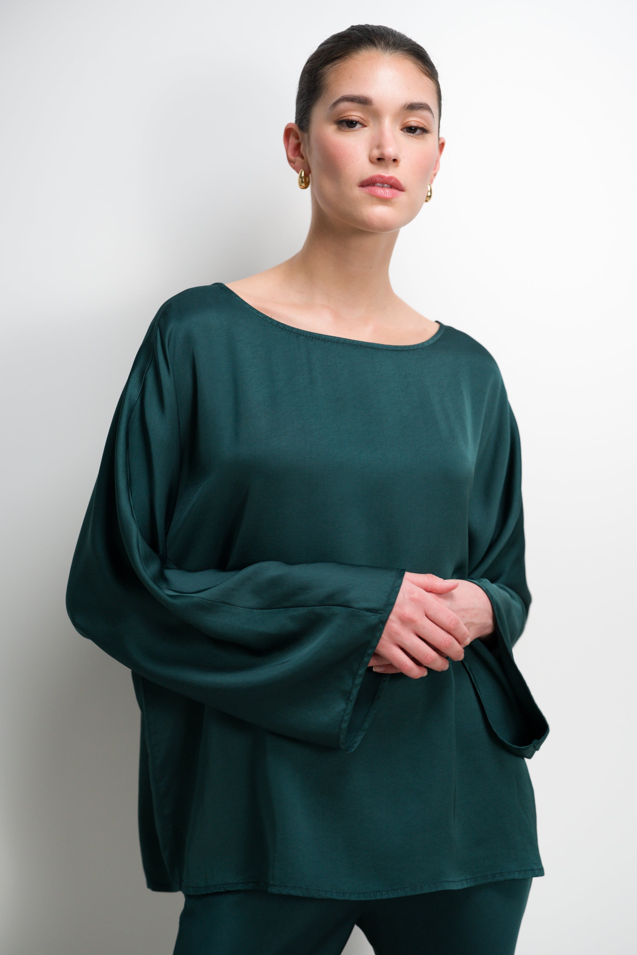 Arlet Wide Sleeve Boatneck Satin Top | Teal