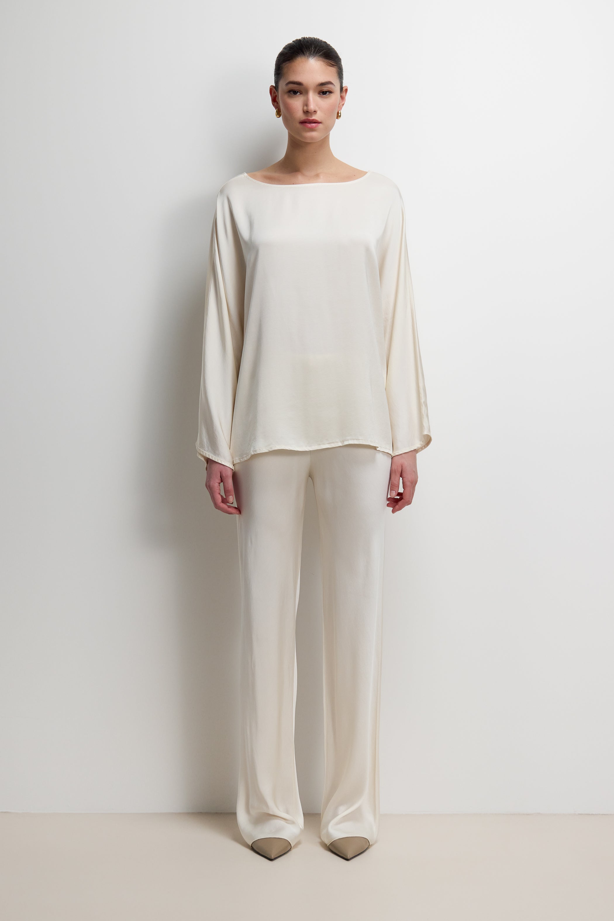 Arlet Wide Sleeve Boatneck Satin Top | Ivory