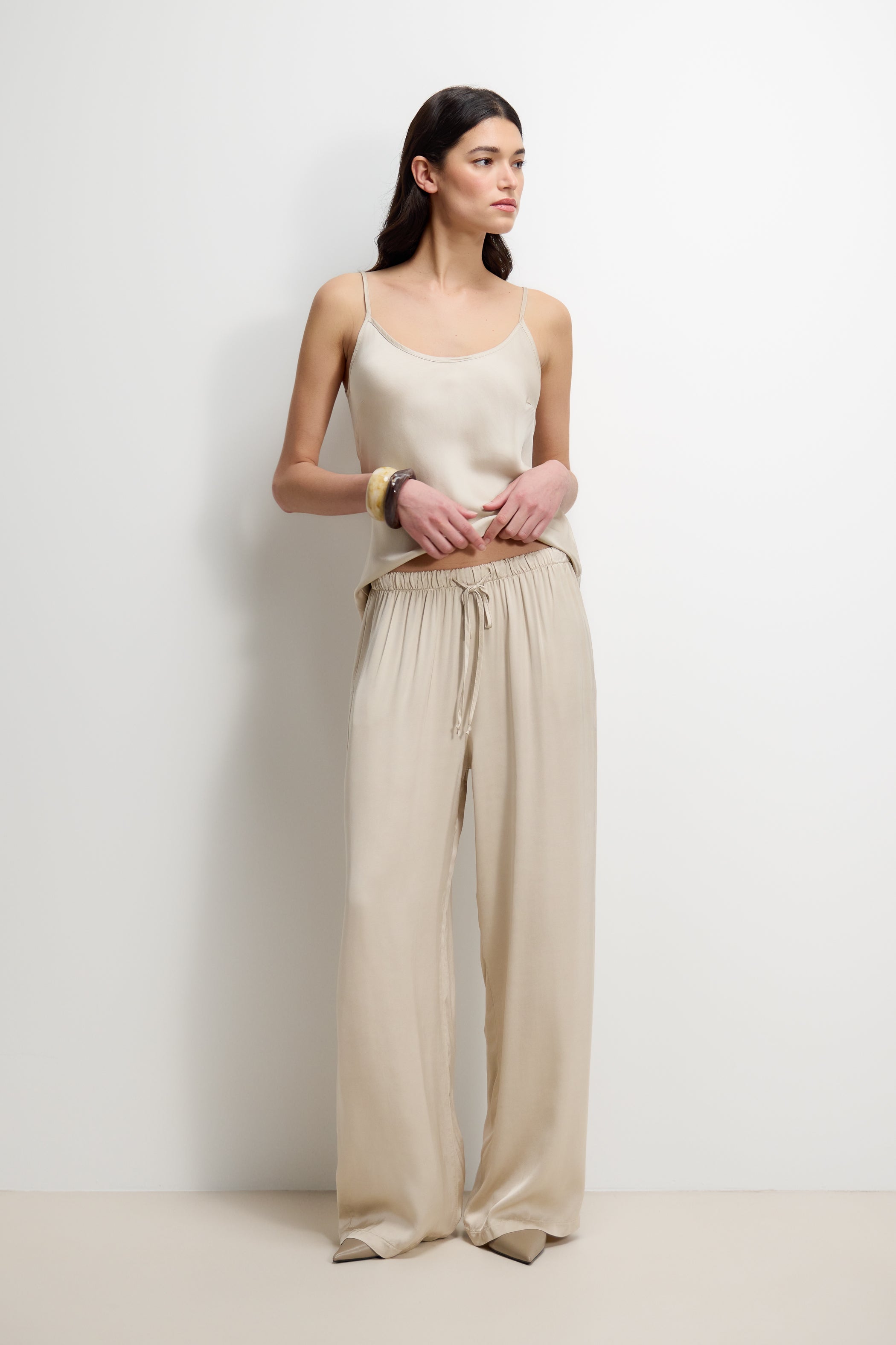 Corin Elastic Waist Satin Trousers | Light Beige