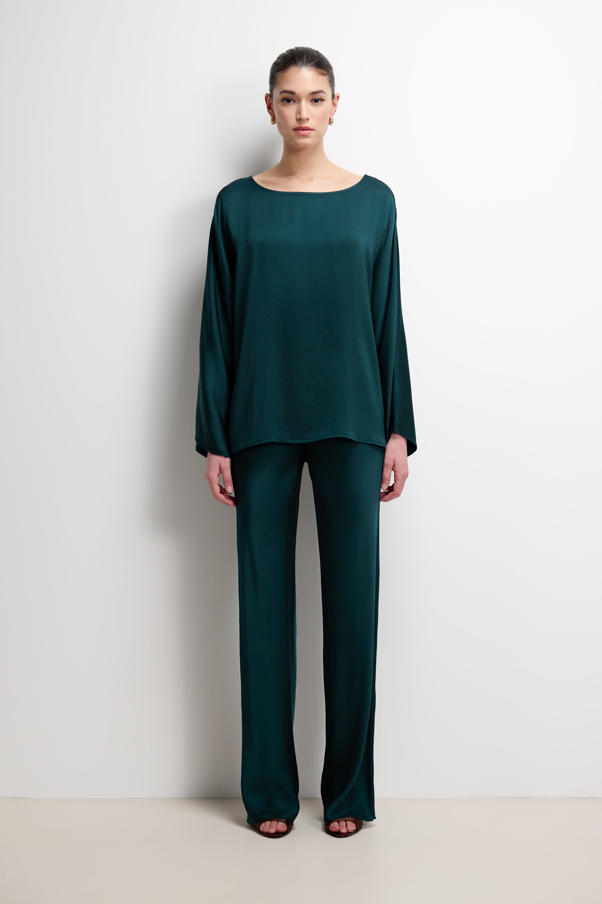 Arlet Wide Sleeve Boatneck Satin Top | Teal