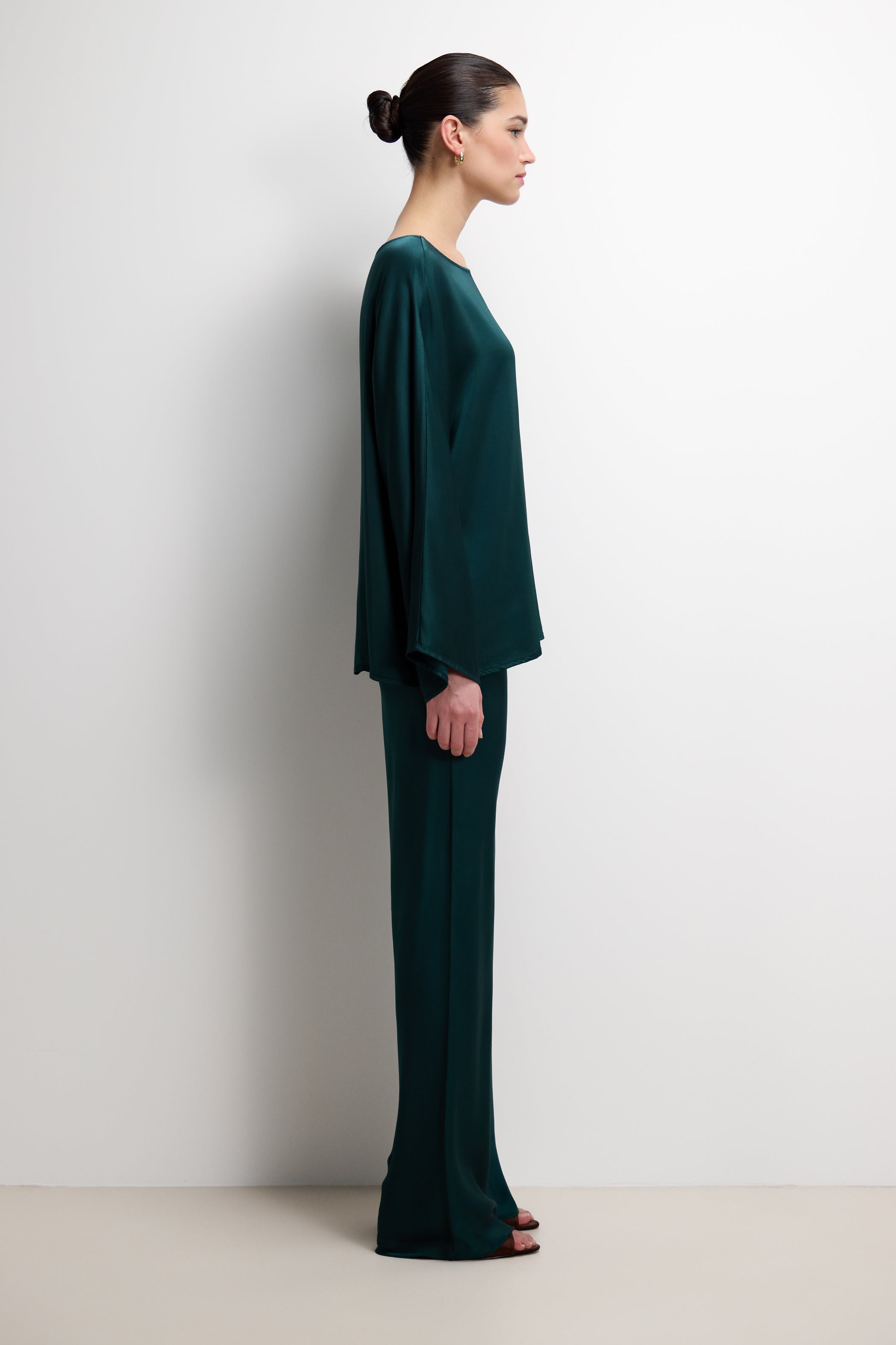 Arlet Wide Sleeve Boatneck Satin Top | Teal