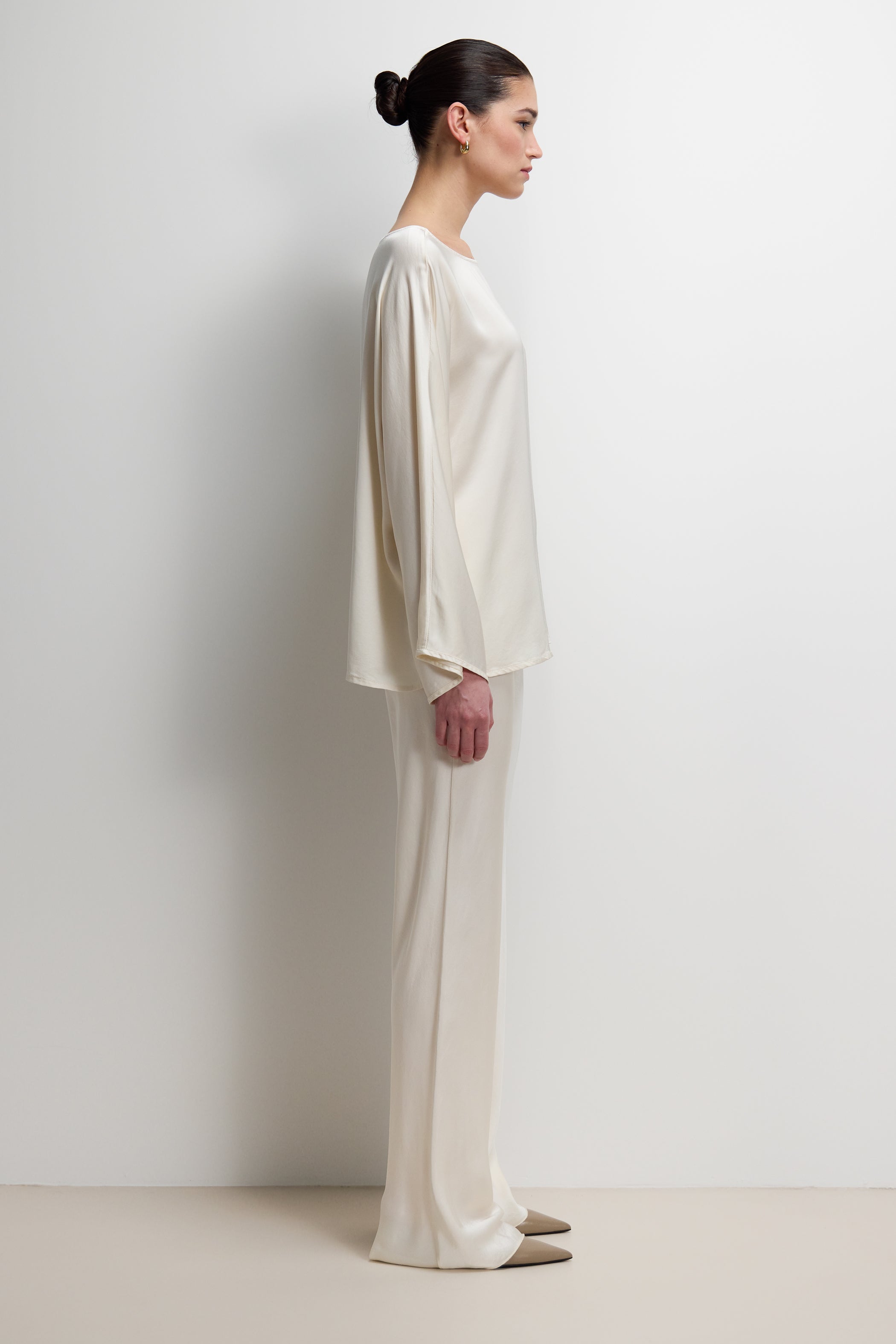 Arlet Wide Sleeve Boatneck Satin Top | Ivory