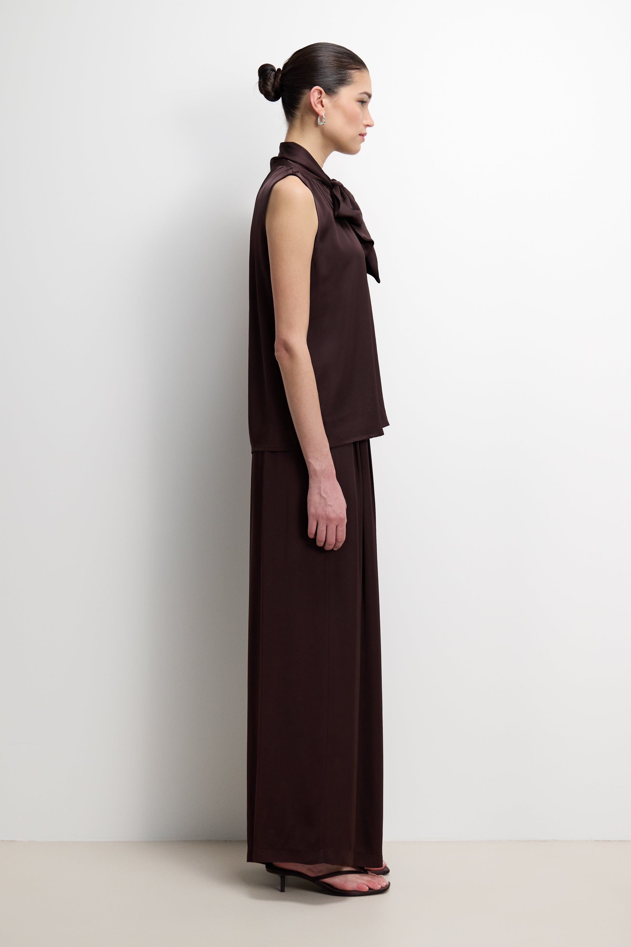 Lyanne Bow Neck Tie Satin Blouse | Espresso Brown Moire