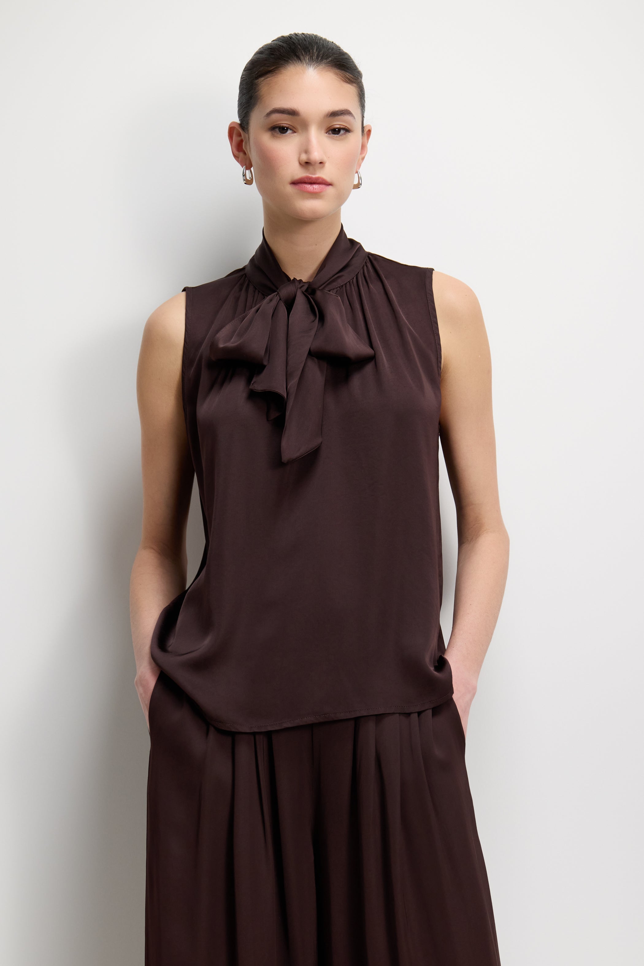 Lyanne Bow Neck Tie Satin Blouse | Espresso Brown Moire