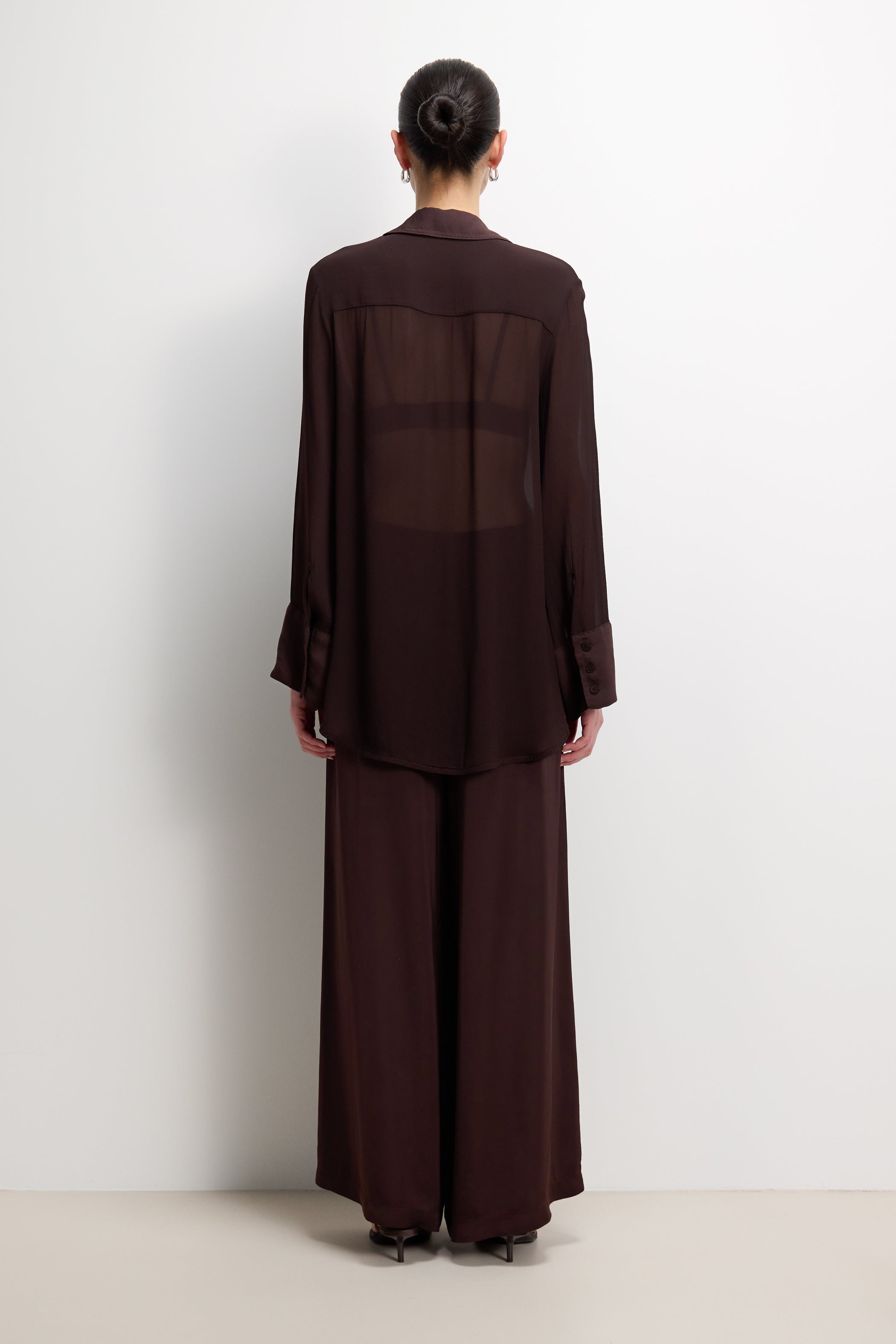Arden Pleated Elastic Waist Satin Trousers | Espresso Brown Moire