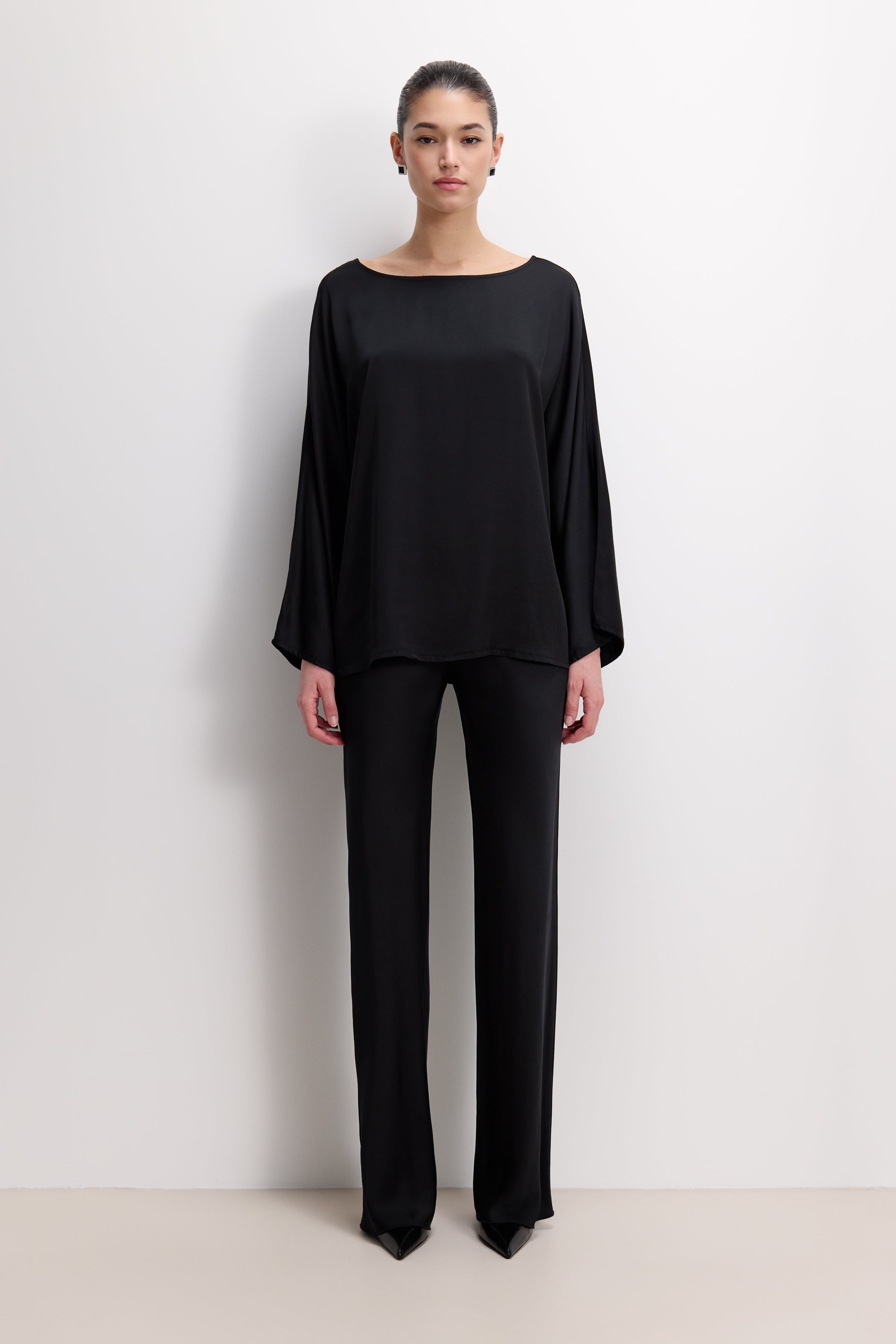 Genet Elastic Waist Bias Satin Trousers | Black