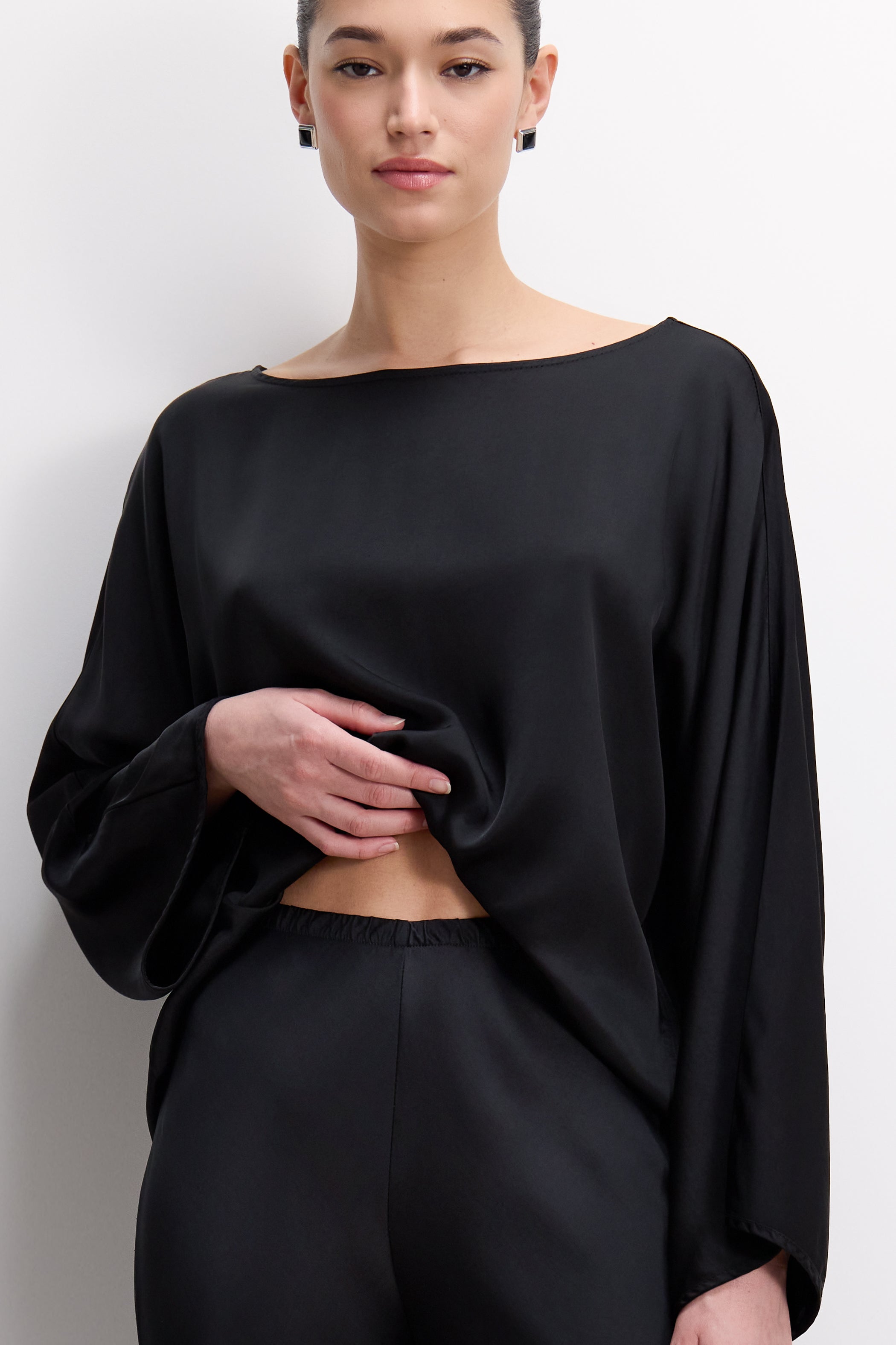 Arlet Wide Sleeve Boatneck Satin Top | Black